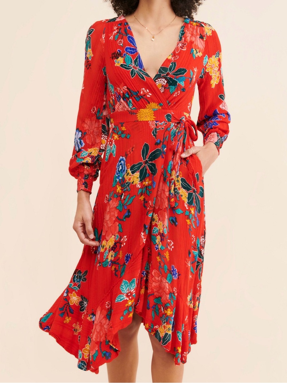Anthropologie Boswell Textured Wrap Tunic Dress Red Floral Midi • 12P • EUC
